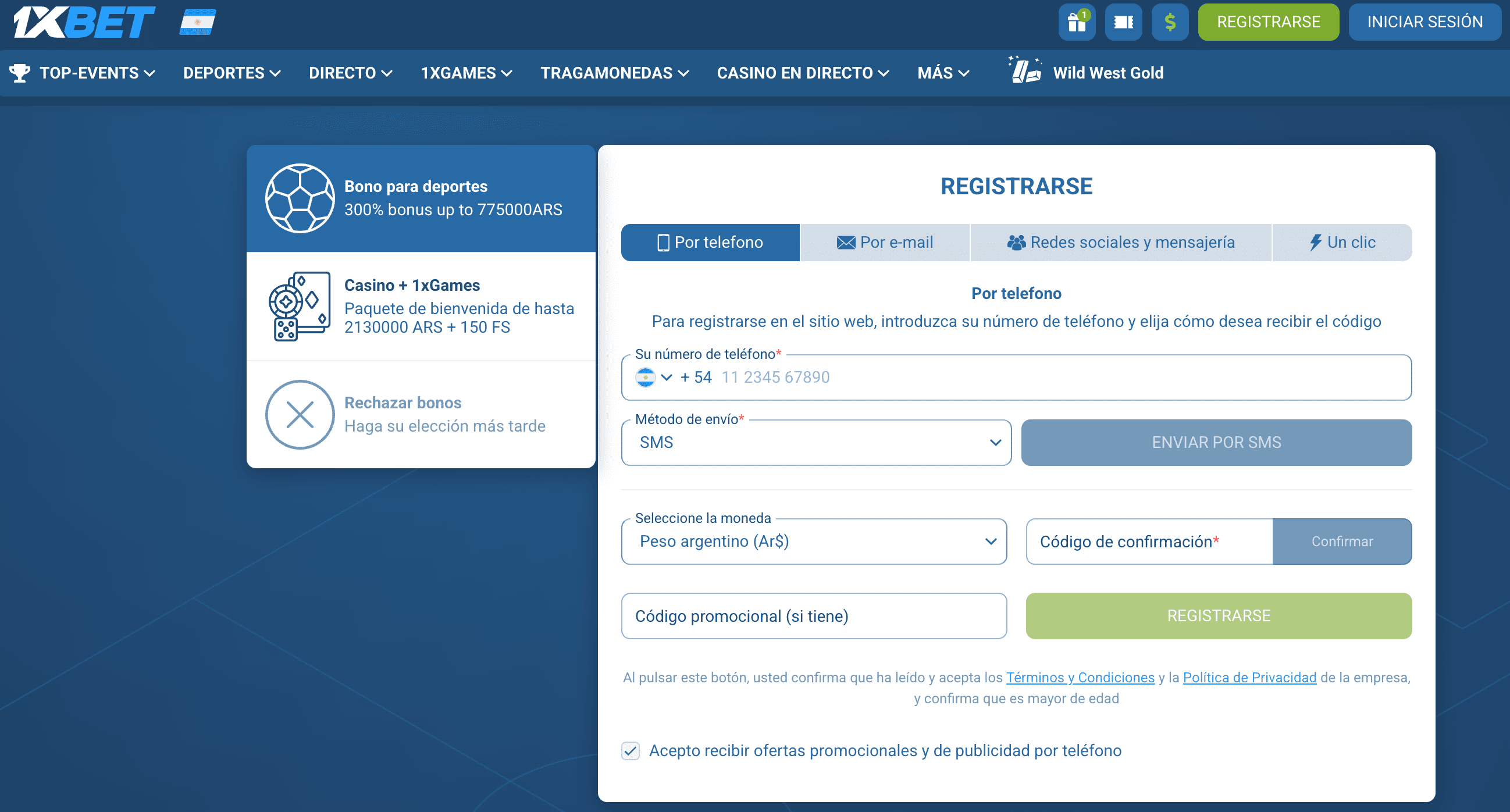 1xBet: formulario de registro para crear una cuenta en la plataforma online