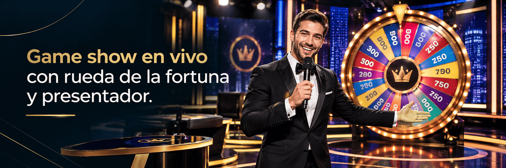 Game show en vivo con rueda de la fortuna y presentador