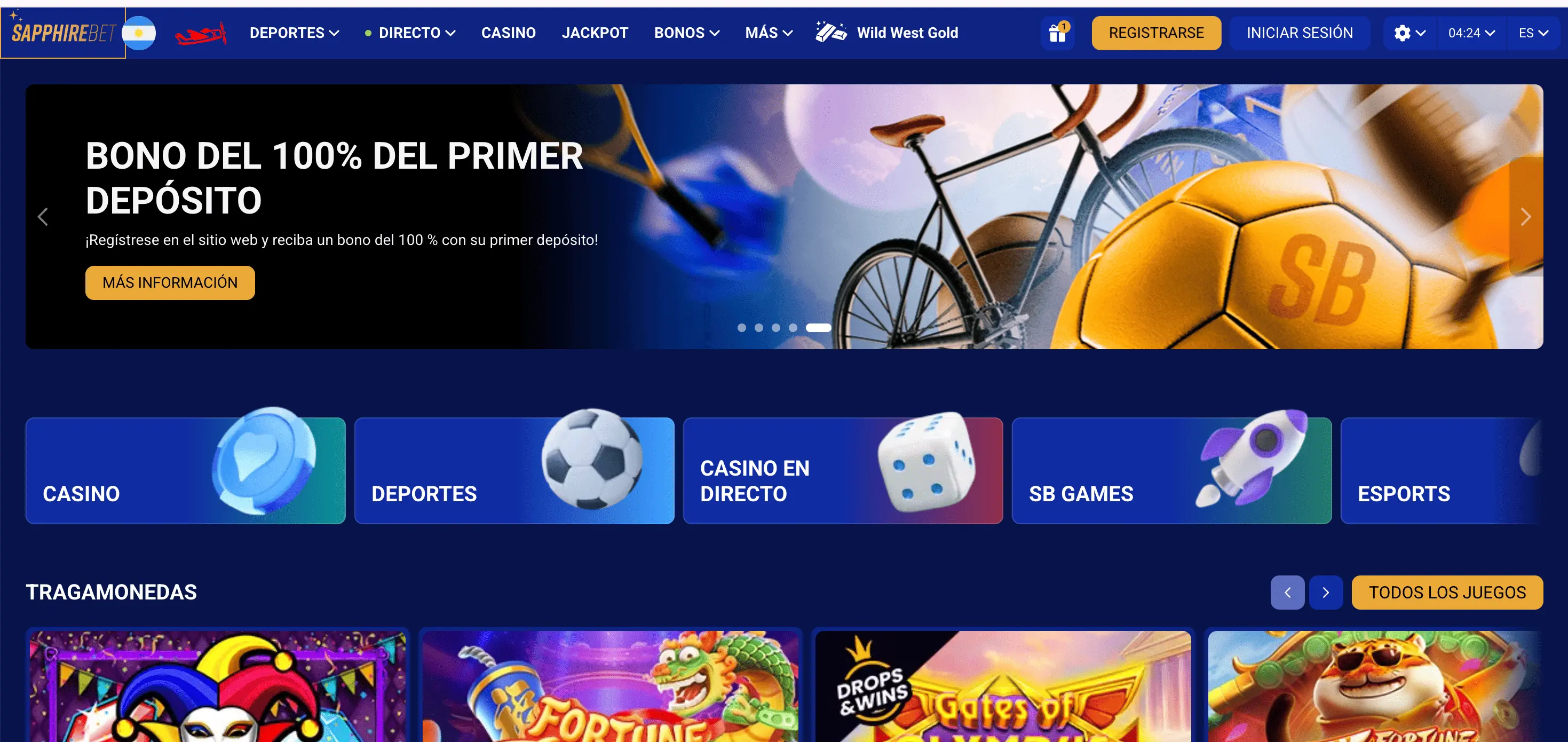 Lobby principal del casino con las secciones Deportes, Casino y SB Games